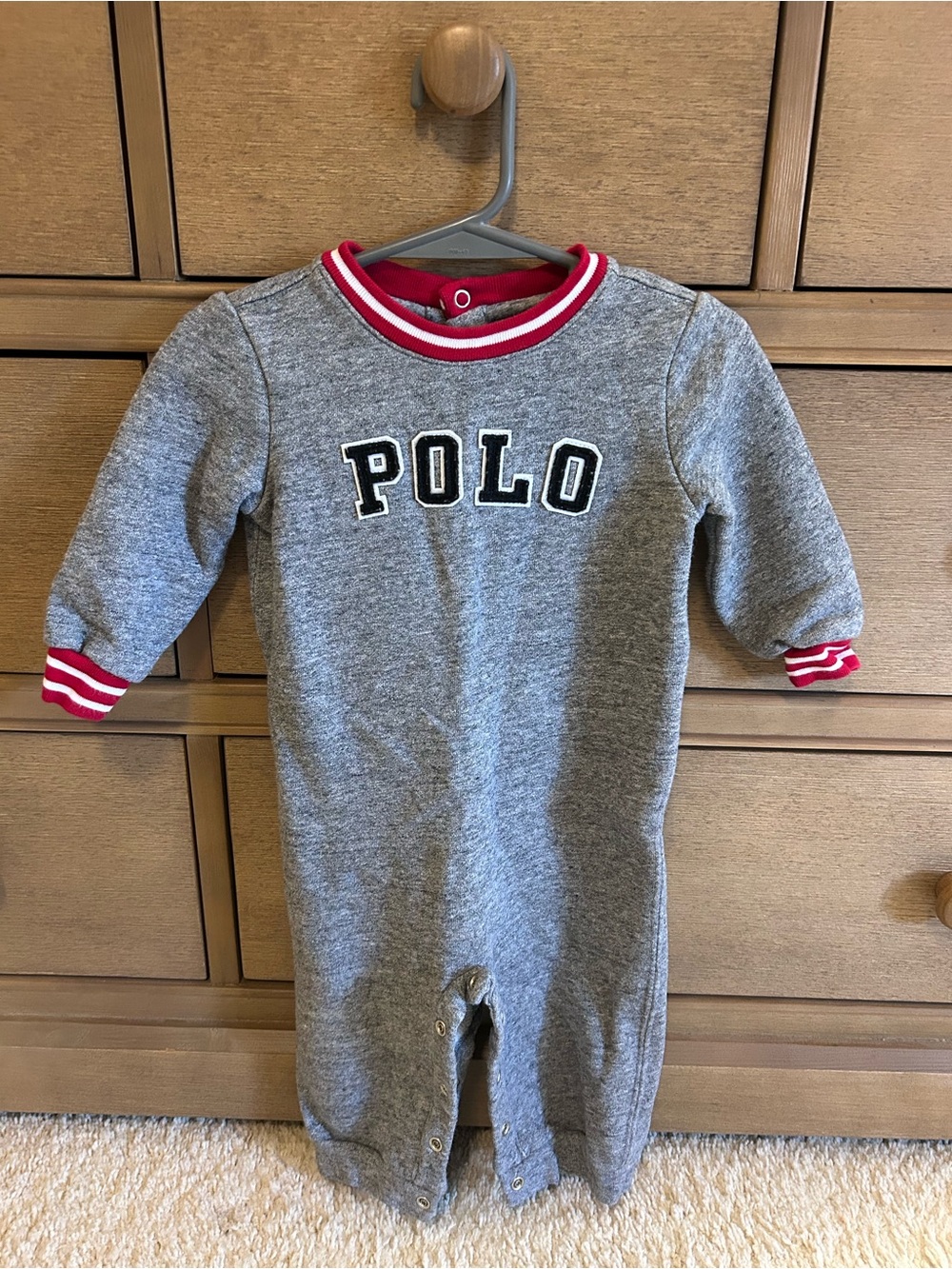 Ralph Lauren Grey One-Piece Footie with Red Trim